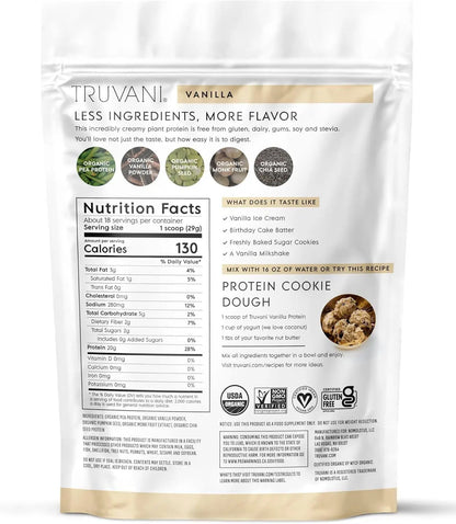 Truvani Organic Plant Based Protein Powder | Vanilla | 20g Pea Protein | 18 Servings | Vegan & Keto | Gluten & Dairy Free | Low Carb | No Added Sugar Truvani