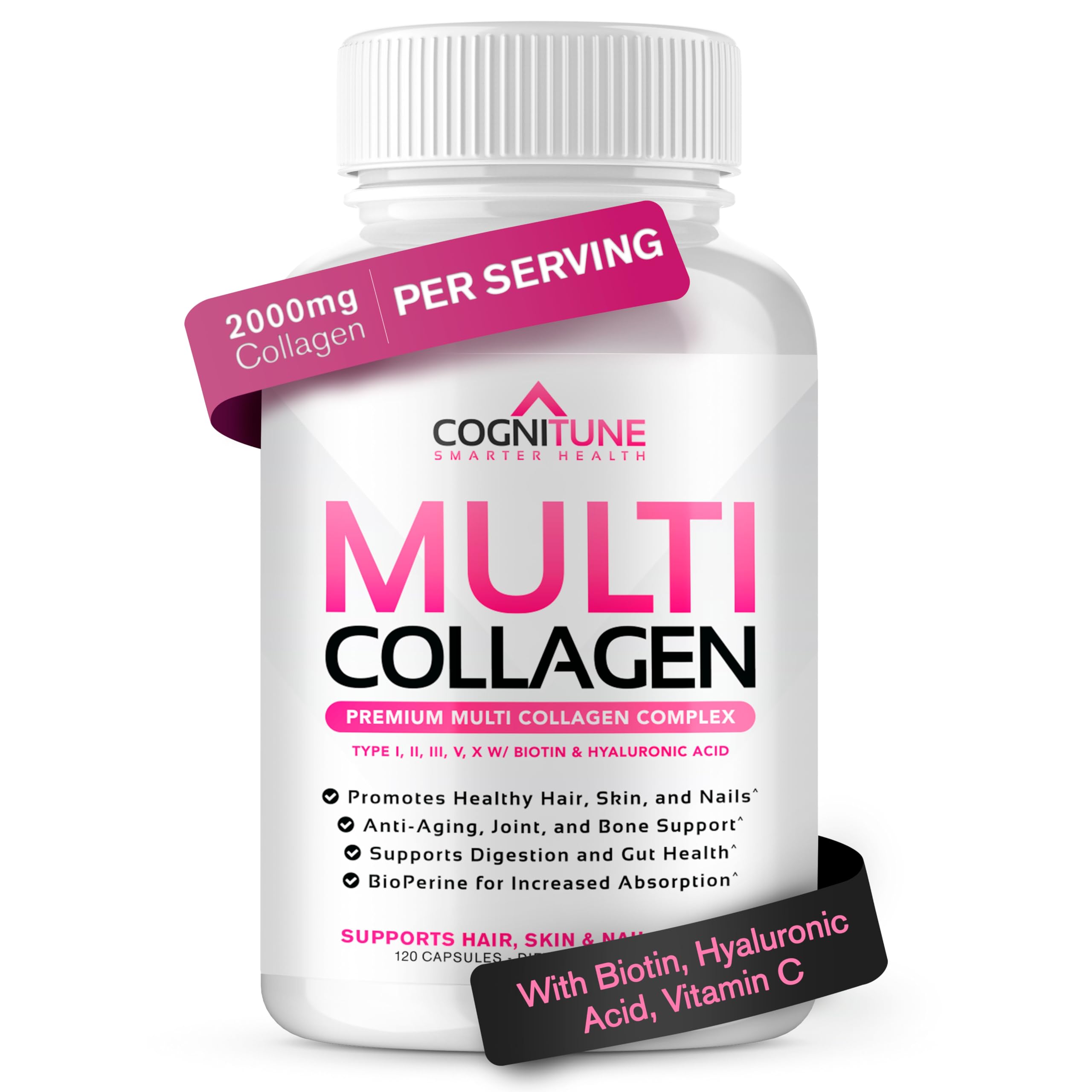 CogniTune Multi Collagen Peptides for Women with Biotin, Hyaluronic Acid, Vitamin C - 5 Types I II III V X Colageno Hidrolizado - 2000mg Hair Skin Nails Joints Support - 120 Capsules CogniTune buy australia supplements