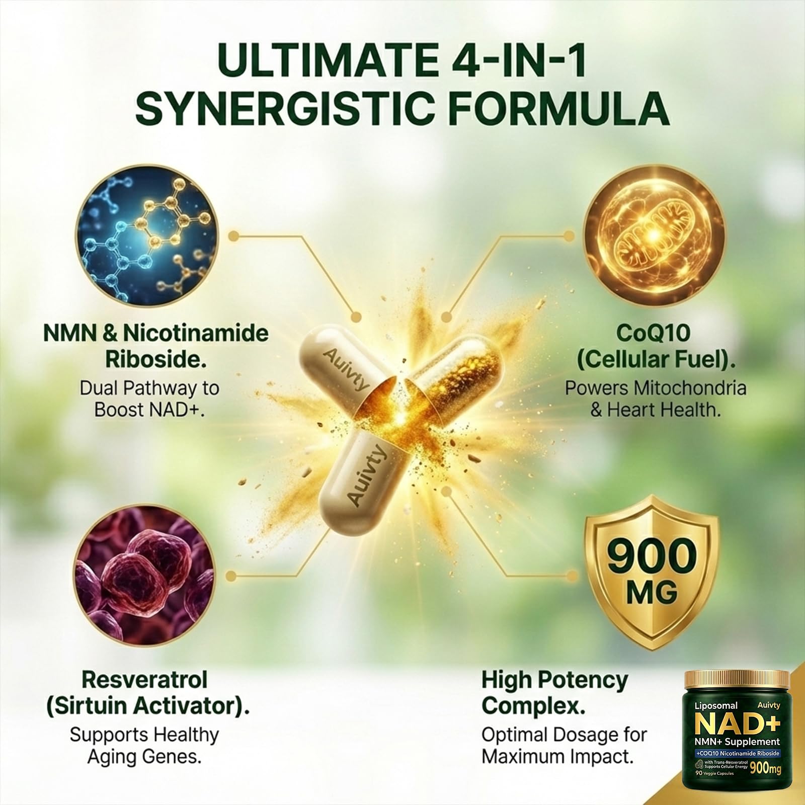 Auivty Liposomal NAD+ NMN Supplement with COQ10, Nicotinamide Riboside, Trans-Resveratrol, 900mg, 90 Veggie Capsules Auivty buy australia supplements