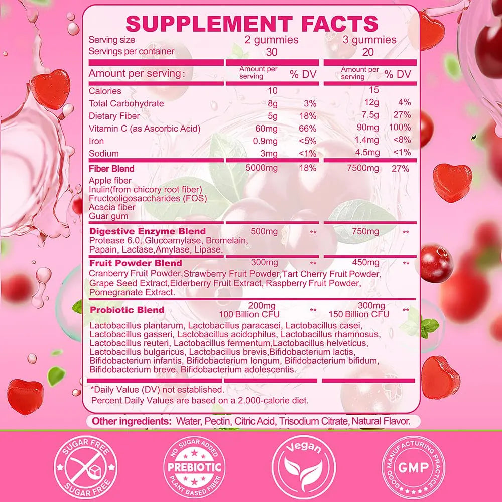 Fiber Gummies 7500mg, Probiotics & Digestive Enzymes, Sugar-Free, Vegan & Gluten-Free Supplement for Gut Health, Bloating Support & Regularity) Grewellogy