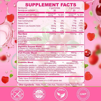 Fiber Gummies 7500mg, Probiotics & Digestive Enzymes, Sugar-Free, Vegan & Gluten-Free Supplement for Gut Health, Bloating Support & Regularity) Grewellogy