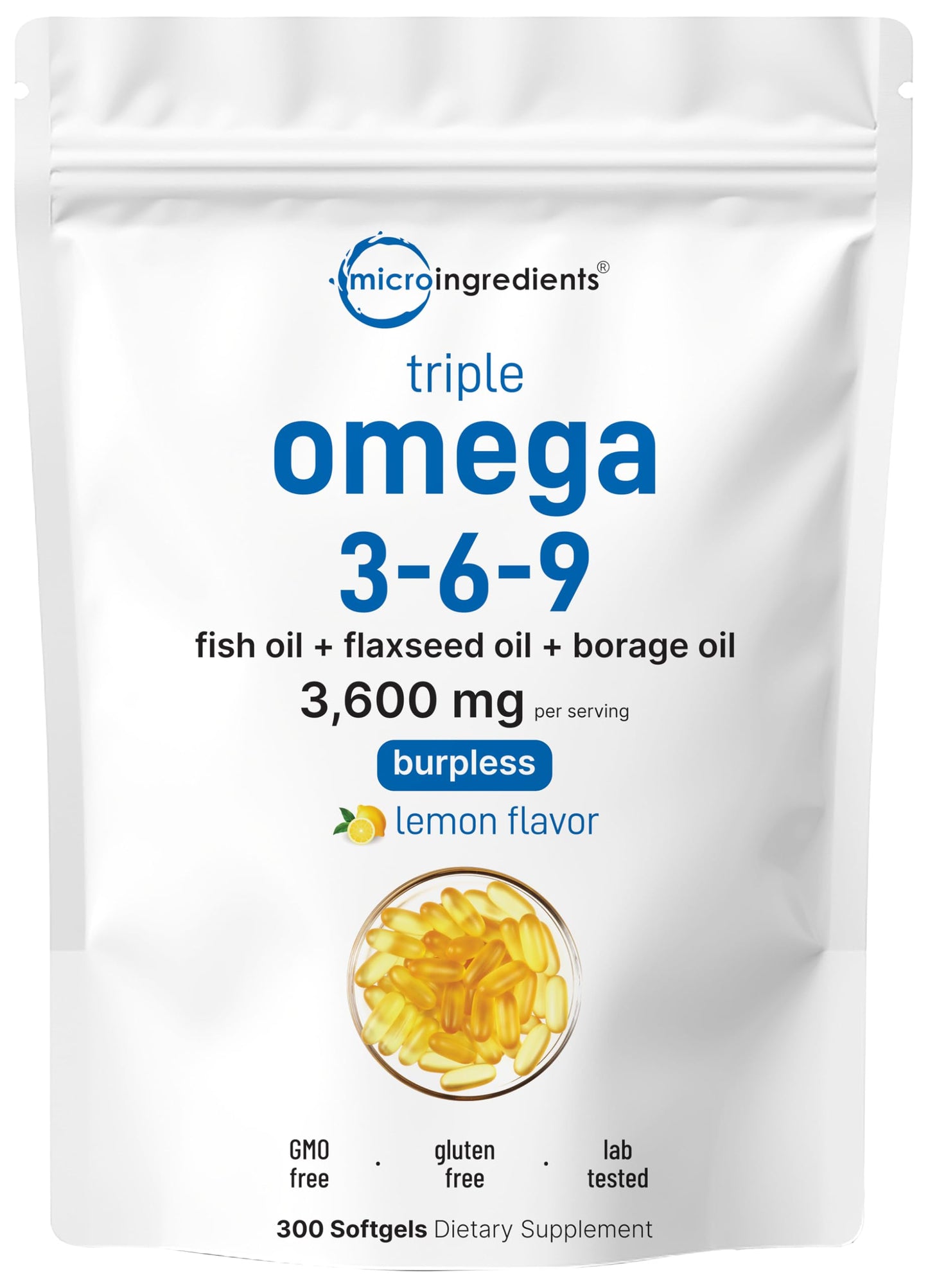 Ultra Omega 3-6-9 3600mg Per Serving, 300 Burpless Softgels | Lemon Flavor – Blend of Fish, Flaxseed, Borage Oils | Bioavailable Source Micro Ingredients