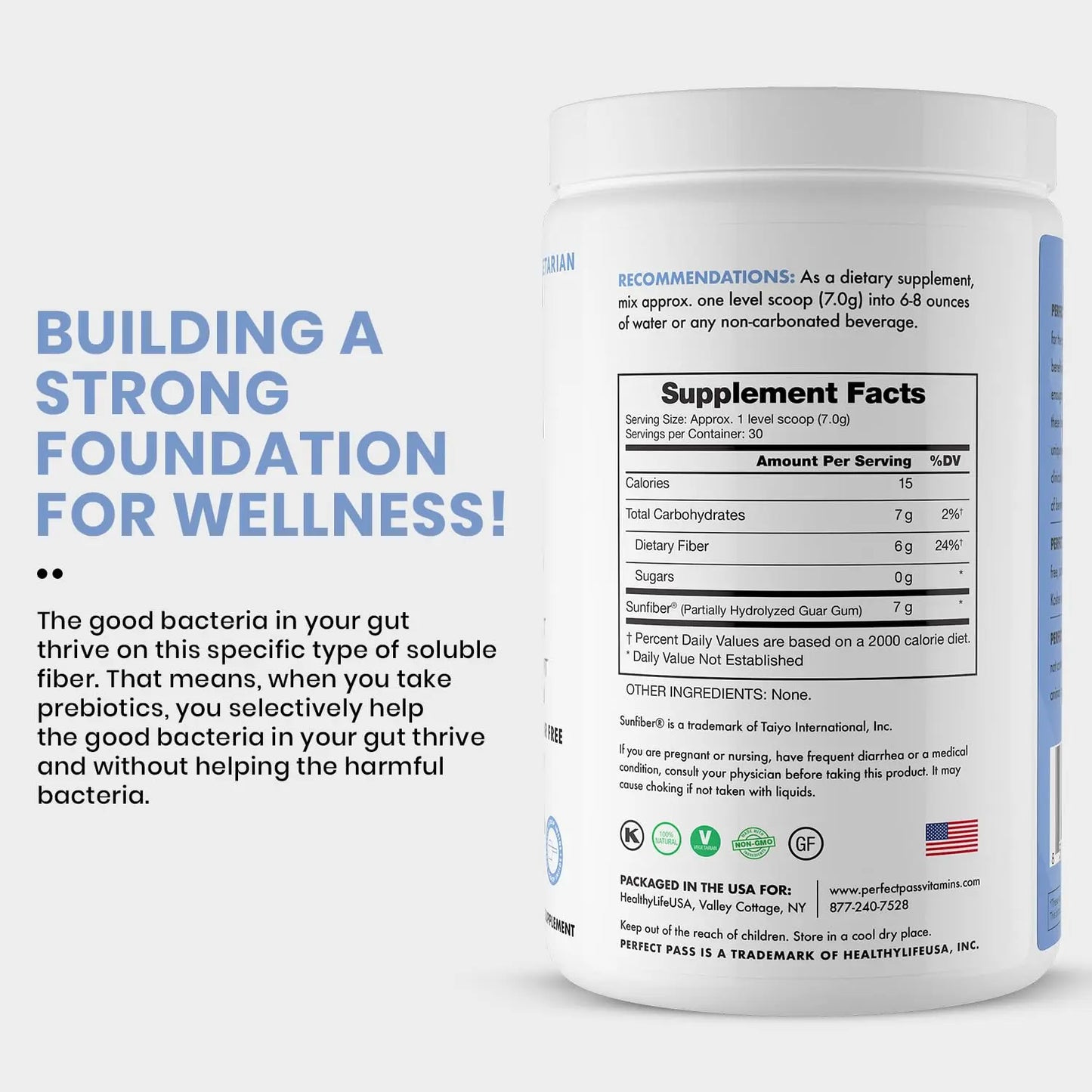 PERFECT PASS Prebiotic PHGG Partially Hydrolyzed Guar Gum 210g Powder - 100% Natural Gluten Free Non GMO - Certified Kosher Vegetarian Sugar Free PERFECT PASS