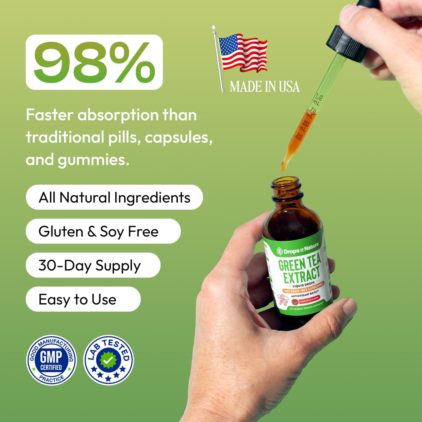 Green Tea 10:1 Extract 50% EGCG - Green Tea Liquid Drops - Vegan, 4X More Powerful Than Pills & Capsules - 2oz Antioxidant & Immune Supplement Drops Of Nature