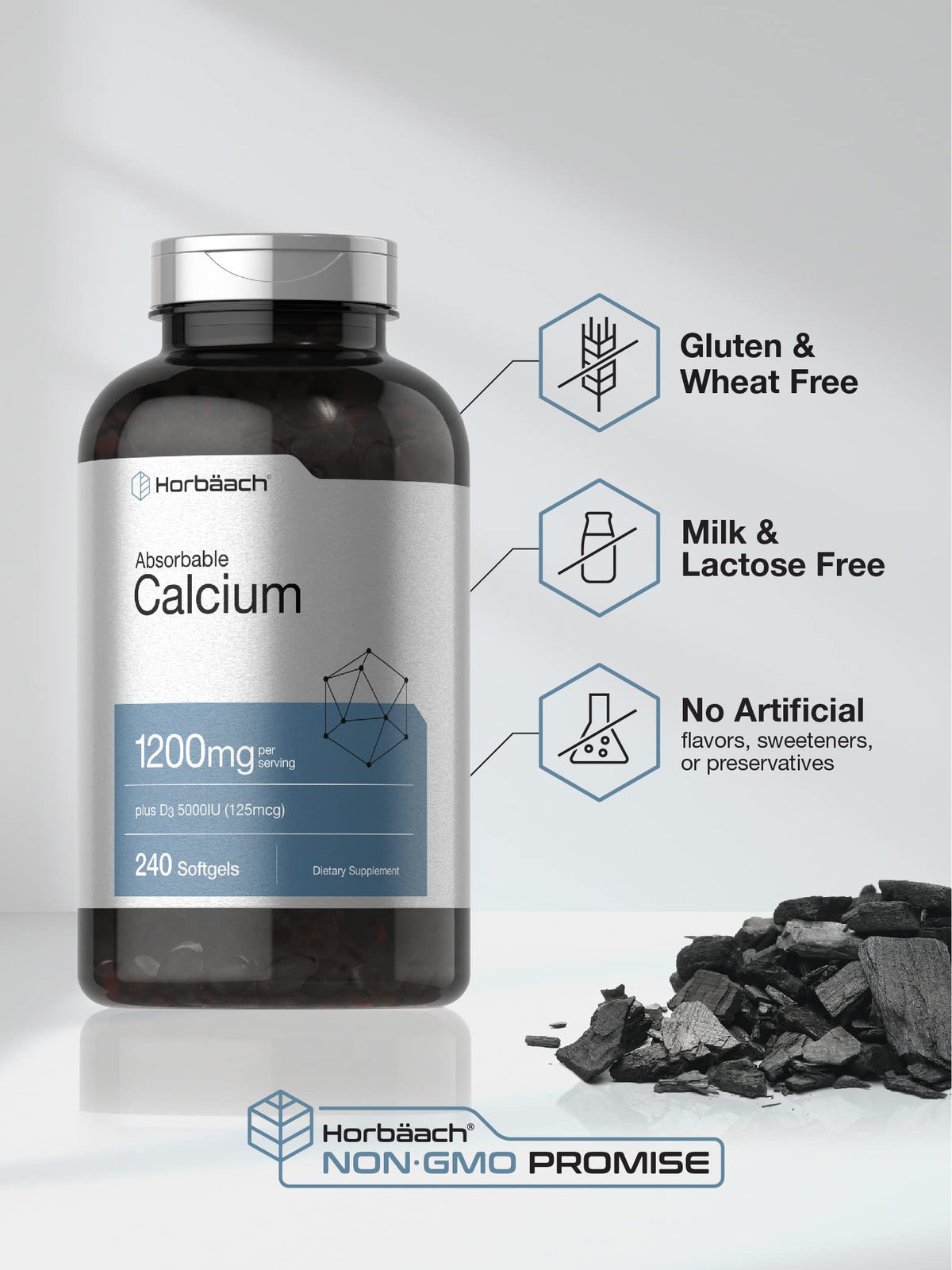 Horbäach Calcium 1200 mg with Vitamin D3 | 240 Softgels | 5000 IU Vitamin D3 | Absorbable Calcium Supplement for Women and Men Horbäach