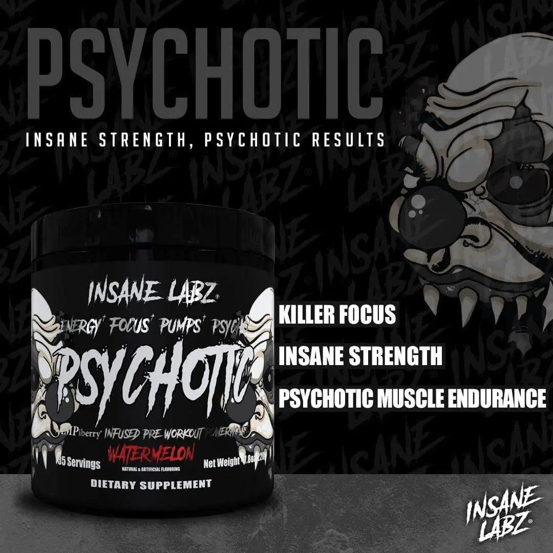 Insane Labz Psychotic Black Edition Mid Stimulant Pre Workout Powder, Energy Focus Pumps, Loaded with Creatine Beta Alanine Taurine Fueled by AMPiberry, 35 Servings (Blue Raspberry) Insane Labz