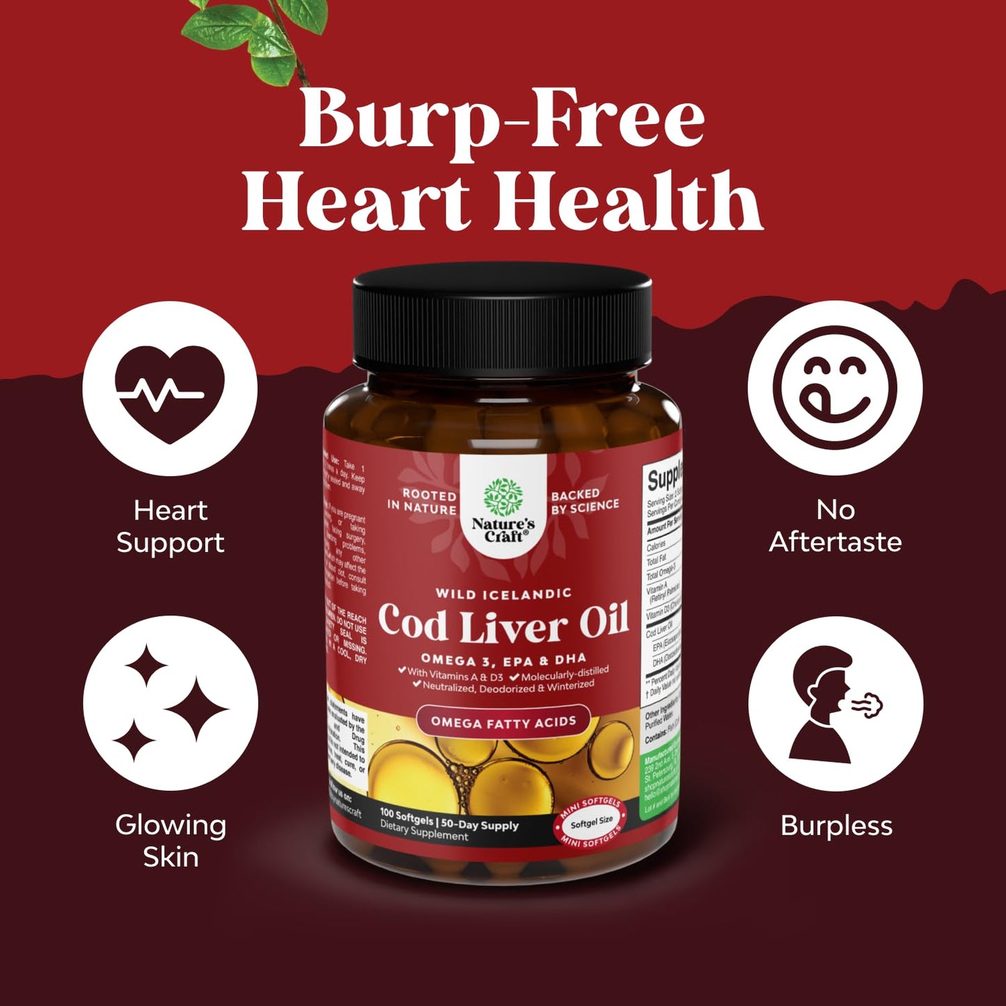 Icelandic Wild Caught Cod Liver Oil Softgels - Fish Omega 3, EPA, DHA, Vitamin D & A, 1000mg Per Serving - Burpless Capsules for Heart Natures Craft