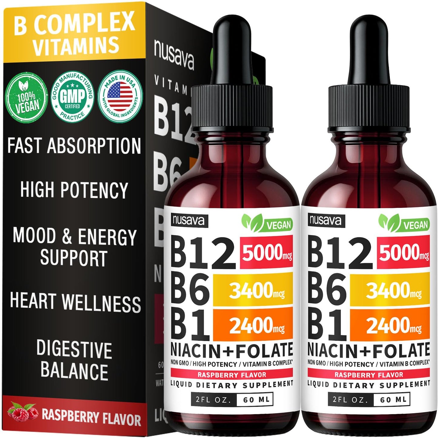 (2 Pack) Vitamin B12 and B6 Liquid Drops, B12 Sublingual Vitamin B Complex - B 12 Vitamin 5000mcg - B12 Methylcobalamin for Energy NUSAVA