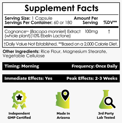 Nootropics Depot Cognance Enhanced Bacopa Capsules | 100mg | 10% Ebelin Lactone | Bacopa monnieri | Mood, Memory, & 5-HT2A Activation, 60 Count (Pack of 1)