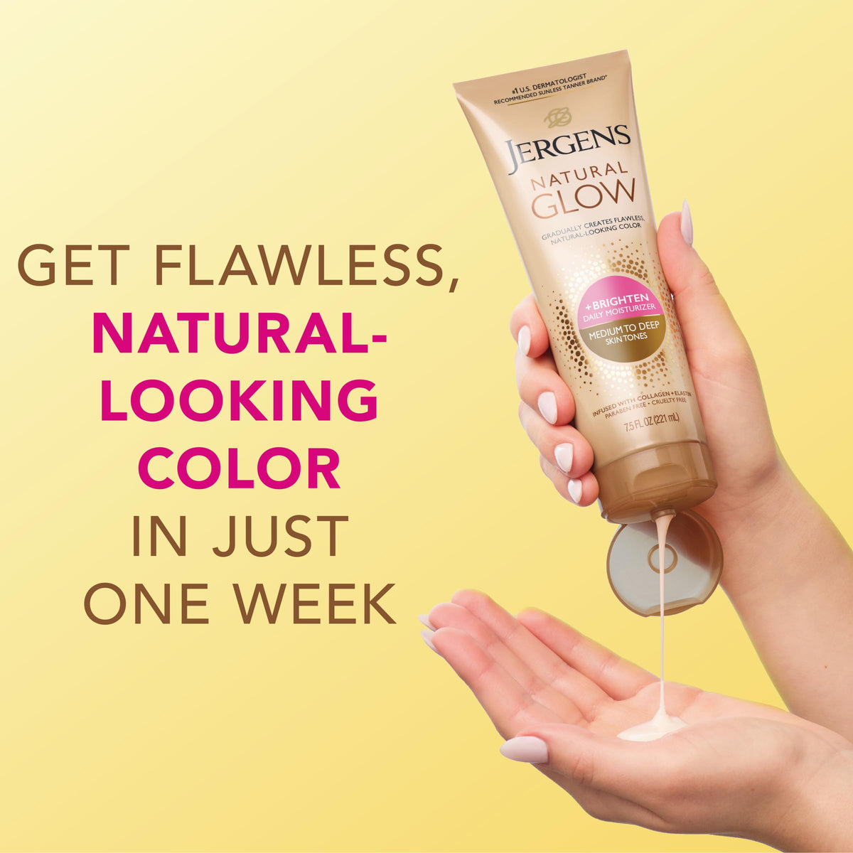 Jergens Natural Glow Self Tanner Body Lotion, Sunless Tanning, Medium to Deep Skin Tone, Daily Moisturizer with Coconut Oil, Vitamin E and Antioxidants, 7.5 Oz Jergens
