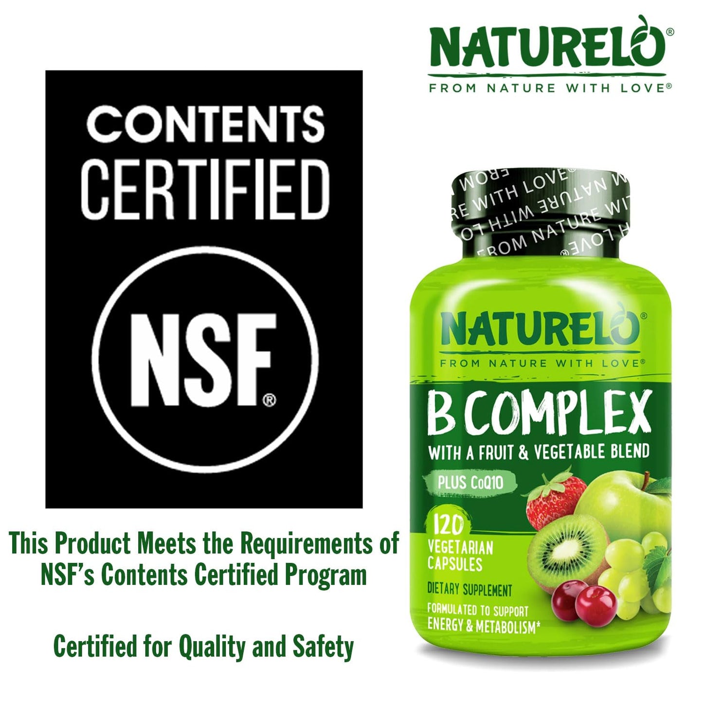 NATURELO Vitamin B Complex,120 Capsules, Vegan, CoQ10, Methyl Folate, Biotin, Fruit & Veg Blend, Supports Energy and Healthy Stress Response NATURELO