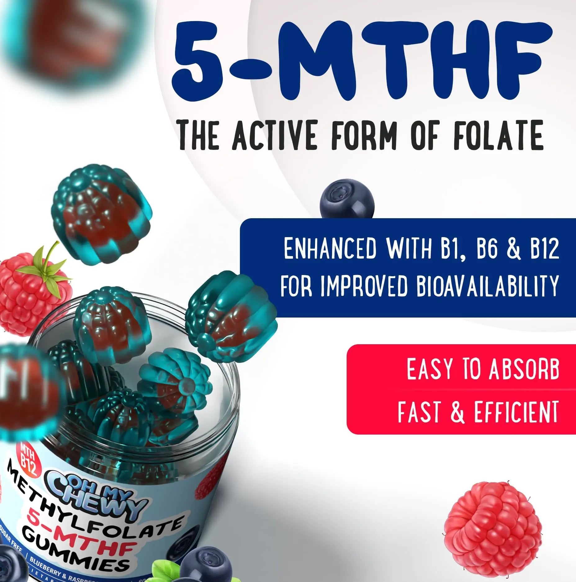 Center-Filled 5-MTHF Folate L-MethylFolate Sugar-Free Gummies - MTHFR Supplement Support with Methylated B1, B6 and Methyl B12 Multivitamins OH MY CHEWY buy australia supplements