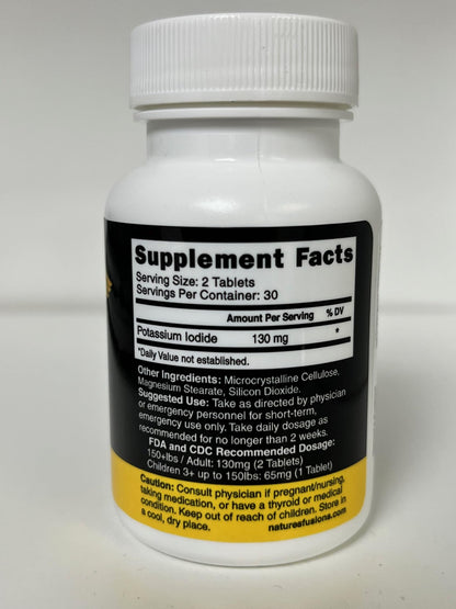Potassium Iodide Tablets 130 mg - (60 Tablets) 10 Year Shelf-Life EXP 2034 to 2035 - Ki Pills - Yoduro de potasio - Nutri Supplements - 3rd Party Tested Nature's Fusions