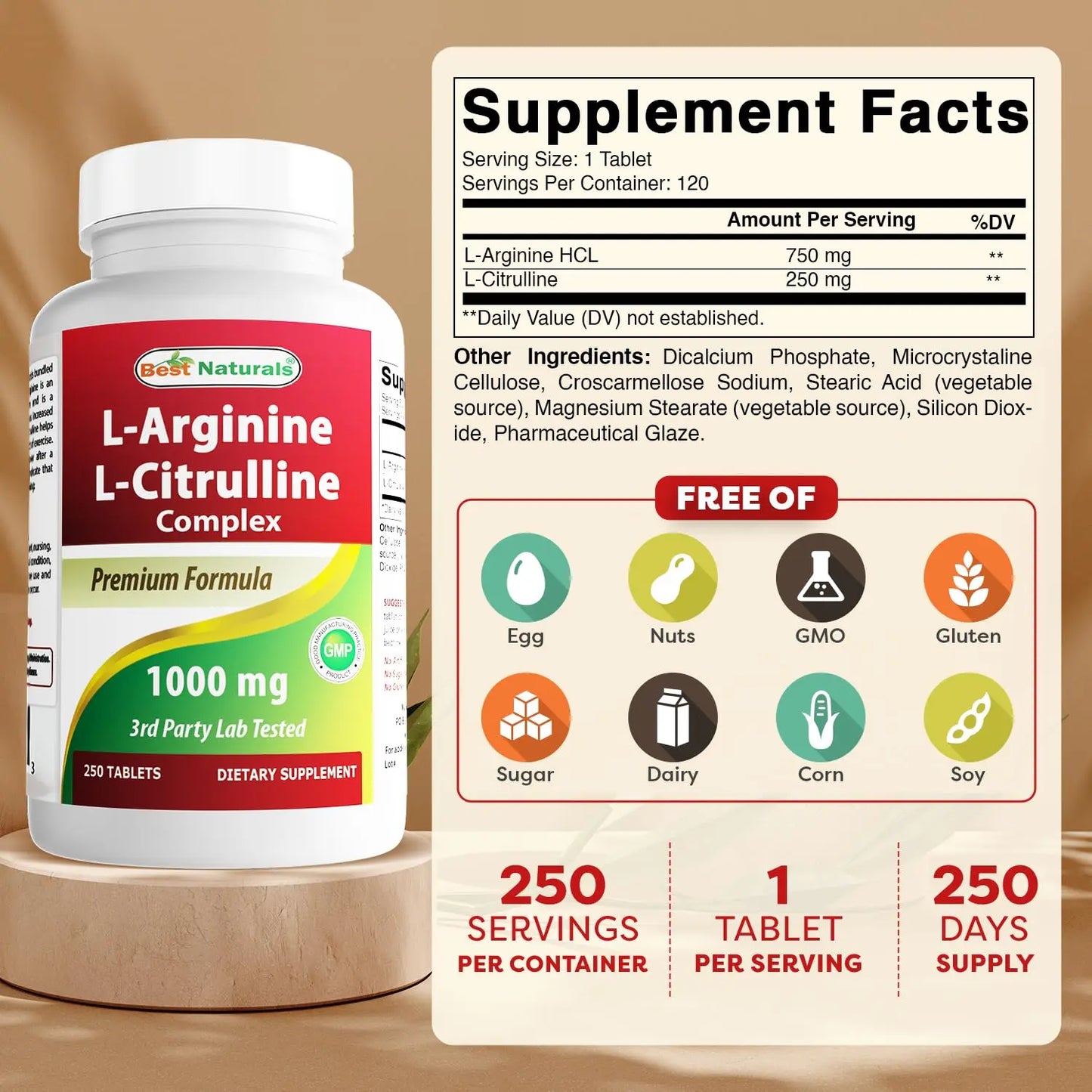 Best Naturals L-Arginine L-Citruline Complex Tablets, 250 Count Best Naturals