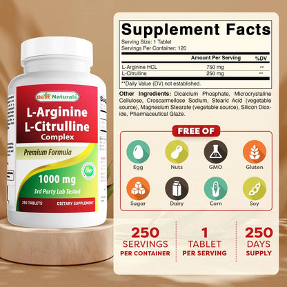 Best Naturals L-Arginine L-Citruline Complex Tablets, 250 Count Best Naturals