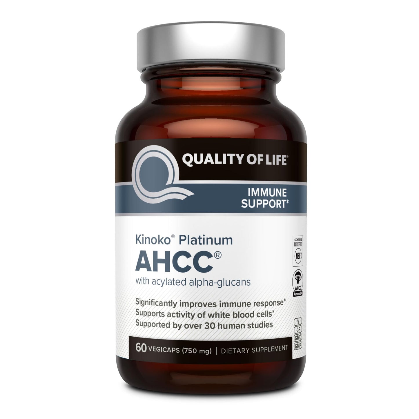 Quality of Life Premium Kinoko Platinum AHCC Herbal Supplement, 750mg per Capsule, for Immune Support, Liver Function, Maintains Natural Killer Cell Activity Quality of Life