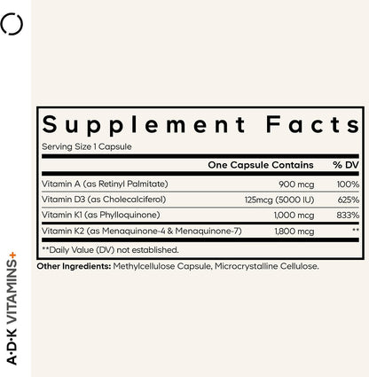 Codeage ADK Vitamins Supplement - Essential Vitamin A, D3 5000 IU, K1 & K2 (MK4 & MK7) - 6-Month Supply - 1 Capsule per Serving, Non-GMO, Gluten-Free - 180 Capsules