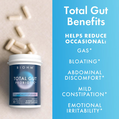 BIOHM Total Probiotic, 30 Billion CFU Daily Probiotics for Women & Men (30 Count) Helps Reduce Occasional Gas & Bloating, BIOHM