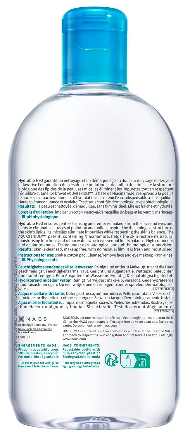 Bioderma - Hydrabio H2O - Micellar Water - Cleansing and Make-Up Removing - for Dehydrated Sensitive Skin , 16.91 Fl Oz (Pack of 1) Bioderma