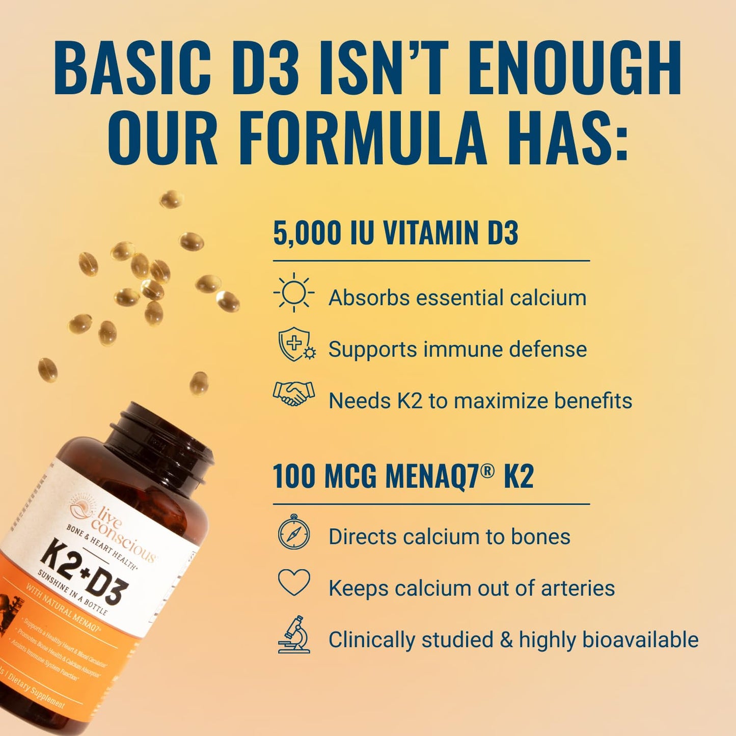 Live Conscious Vitamin K2 MK7 with D3 Supplement | Bone & Heart Health Support - Patented Vitamin K & Vitamin D3 5000 IU - 60 Softgels Live Conscious