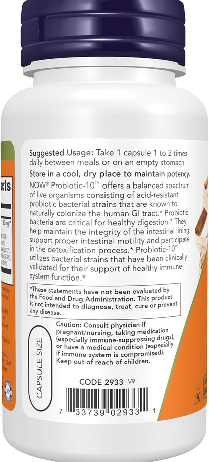 NOW Foods Supplements, Probiotic-10™, 25 Billion, with 10 Probiotic Strains, Dairy, Soy and Gluten Free, Strain Verified, 100 Veg Capsules Gsupps Australia