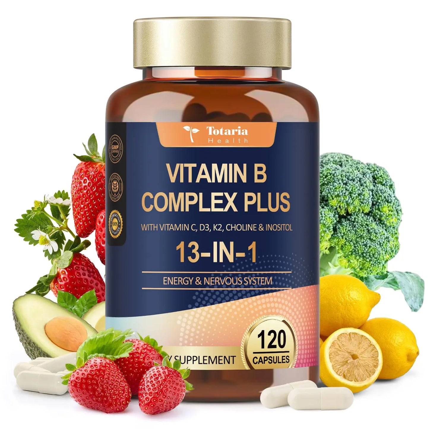 13-in-1 Vitamin B Complex Plus with Vitamin B1, B2, B3 (Niacinamide), B4, B5, B6, B7 (Biotin), B8 (Inositol), B9 (Folate), B12, C, D3, K2 - Energy, Nerve, Totaria