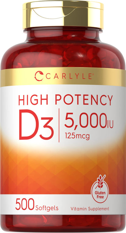 Carlyle Vitamin D3 5000 IU Softgels | 500 Count | Value Size | Non-GMO and Gluten Free Supplement | High Potency Formula | 125mcg Carlyle