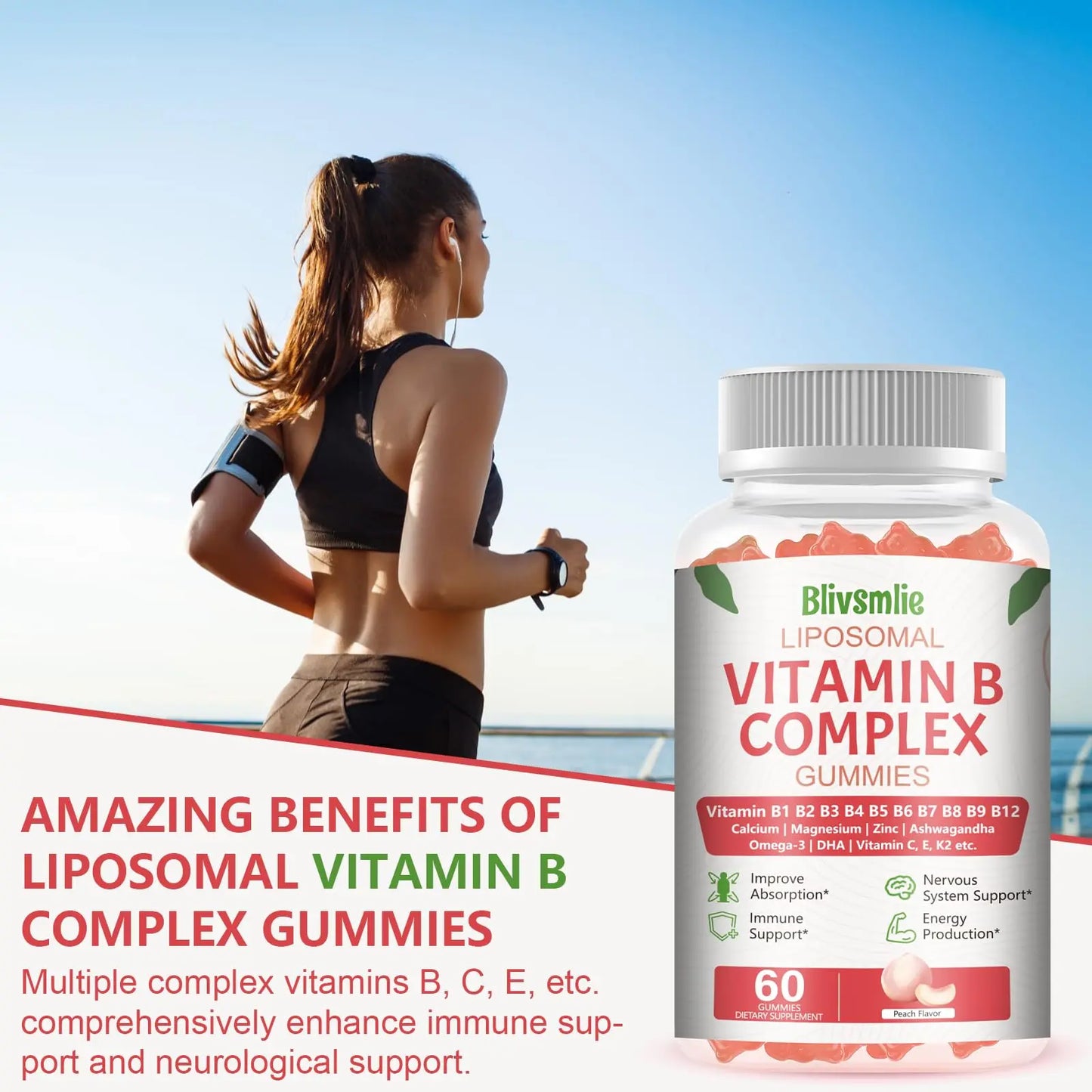 Blivsmlie 2 Pack 33-in-1 Liposomal Vitamin B Complex Gummies -B1, B2, B3, B4, B5, B6, B7, B8, B9,B12 | Vitamin C, D3,K2|Calcium,Magnesiun,Zinc etc.for Energy Blivsmlie