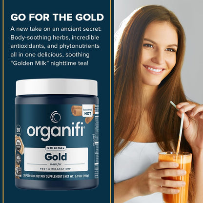 Organifi: Gold - Superfood Supplement Powder - 30 Servings - Stress Support, Better Rest, Relaxation and Promotes Restful Sleep - Turmeric and Reishi Infused Gsupps Australia