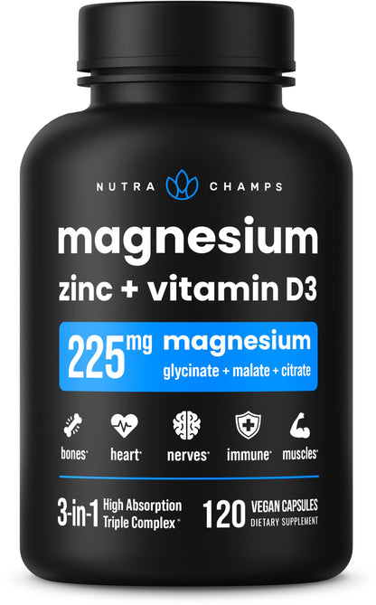 NutraChamps Magnesium Zinc & Vitamin D3 Supplement - Most Bioavailable Forms; Magnesium Glycinate, Malate, Citrate - Bone, Muscle & Heart Health, NutraChamps