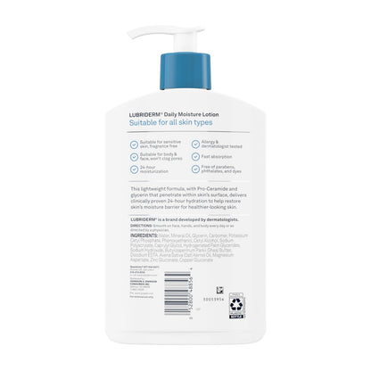 Lubriderm Fragrance Free Daily Moisture Lotion + Pro-Ceramide, Shea Butter & Glycerin, Face, Hand & Body Lotion for Sensitive Skin Lubriderm