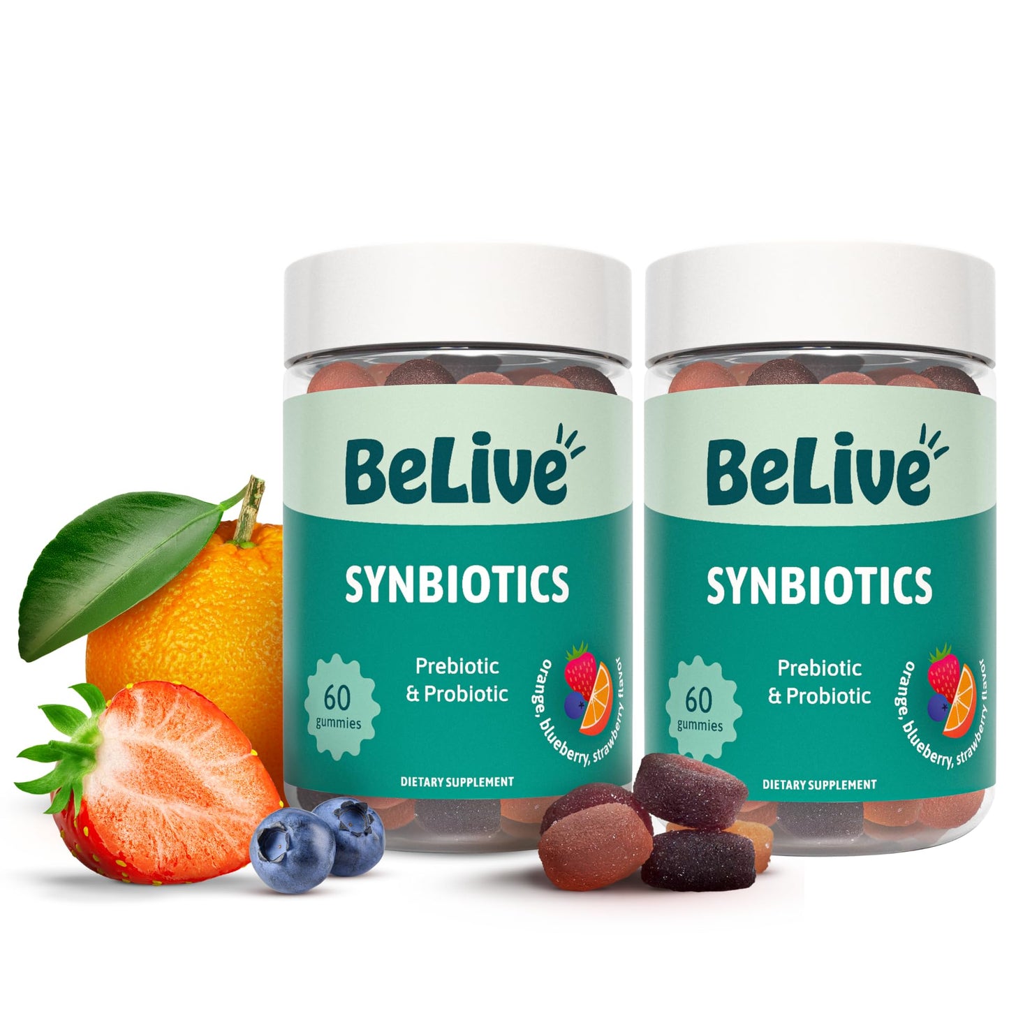 BeLive Synbiotics - Probiotic & Prebiotic Fiber Gummies – High Strength Inulin (3g), Dietary Fiber Supplement, Digestive Support for Kids & Adults - Strawberry, Orange, BeLive