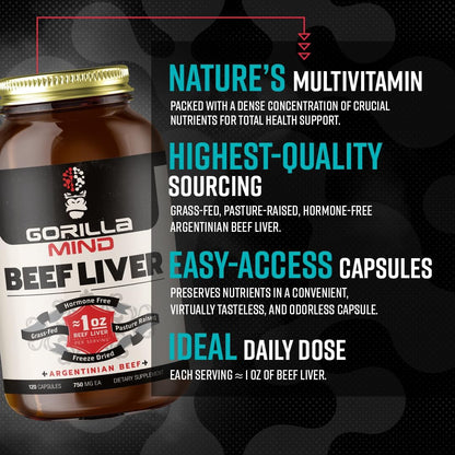 Gorilla Mind Grass-Fed Argentinian Beef Liver - Nature’s Multivitamin/Beef Liver Supplement in Freeze Dried Capsules/Pasture Raised/Hormone Free/1 Oz