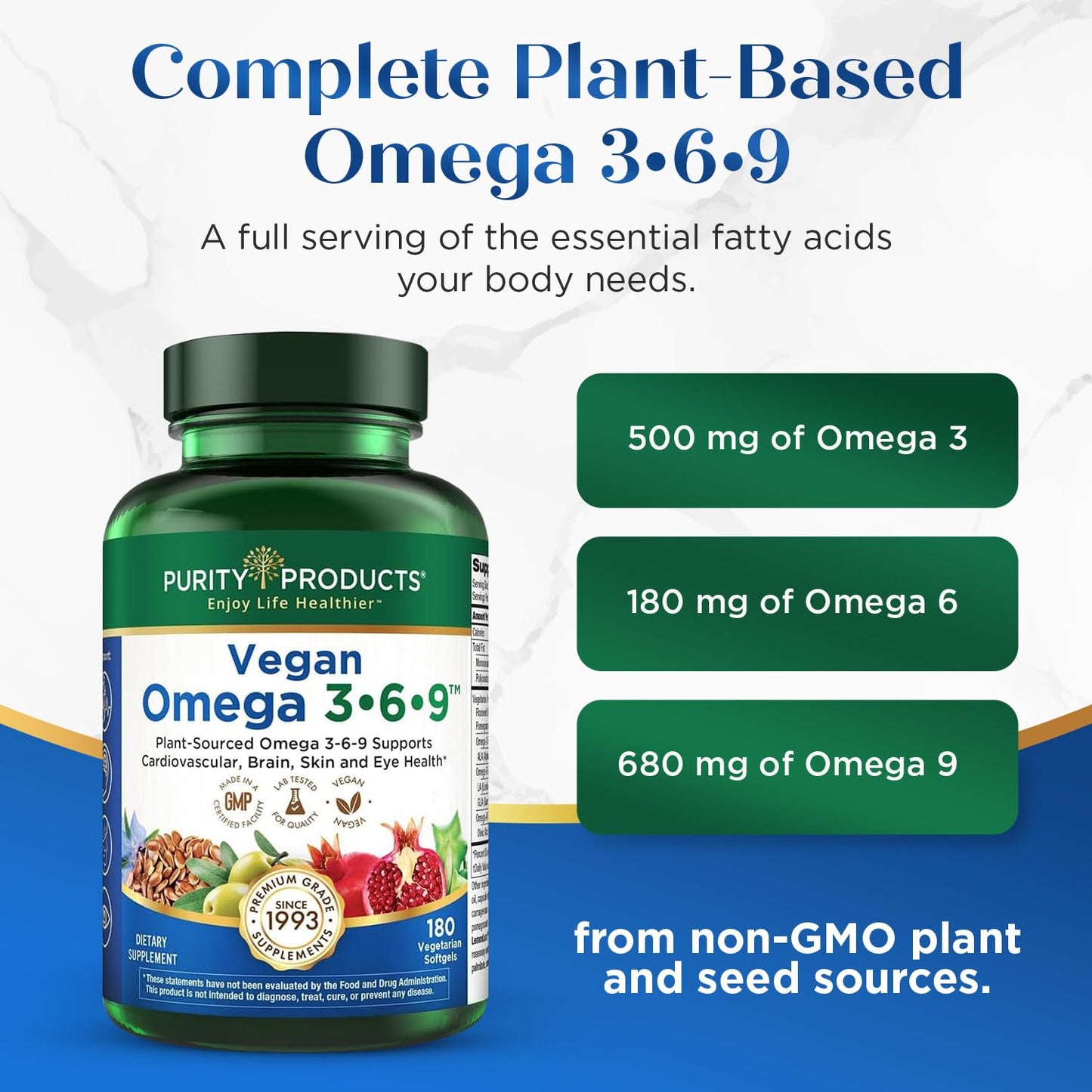 Purity Products Vegan Omega 3 6 9 Formula - “5 in 1” Essential Fatty Acid Complex - Scientifically Formulated Plant-Based Vegan Omega 3-6-9 Essential Fatty Acids Purity Products