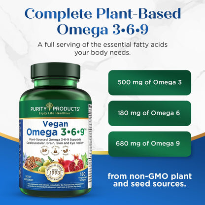 Purity Products Vegan Omega 3 6 9 Formula - “5 in 1” Essential Fatty Acid Complex - Scientifically Formulated Plant-Based Vegan Omega 3-6-9 Essential Fatty Acids Purity Products