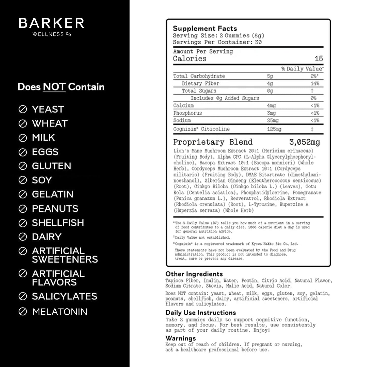 Barker Wellness Mushroom Adaptogen Gummies for Memory & Focus, Brain Health Supplement with Lion's Mane, Cordyceps, Cognizin, Vegan, Sugar-Free Passion Fruit Watermelon Flavor- 60 Count Barker Wellness Co
