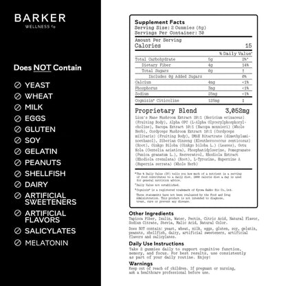 Barker Wellness Mushroom Adaptogen Gummies for Memory & Focus, Brain Health Supplement with Lion's Mane, Cordyceps, Cognizin, Vegan, Sugar-Free Passion Fruit Watermelon Flavor- 60 Count Barker Wellness Co
