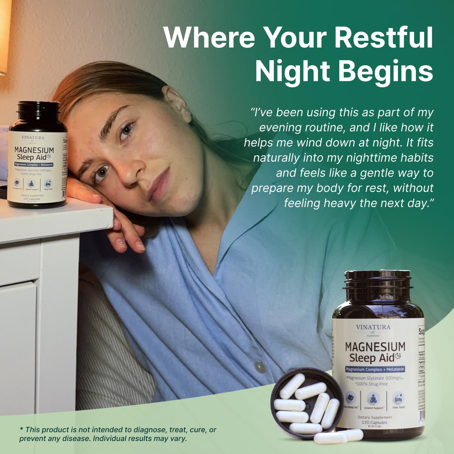 Magnesium Sleep Aid - Magnesium Glycinate Complex for Sleep with Melatonin Supplement - Glycinate 500mg, L-Theanine - 120 Capsules VINATURA buy australia supplements
