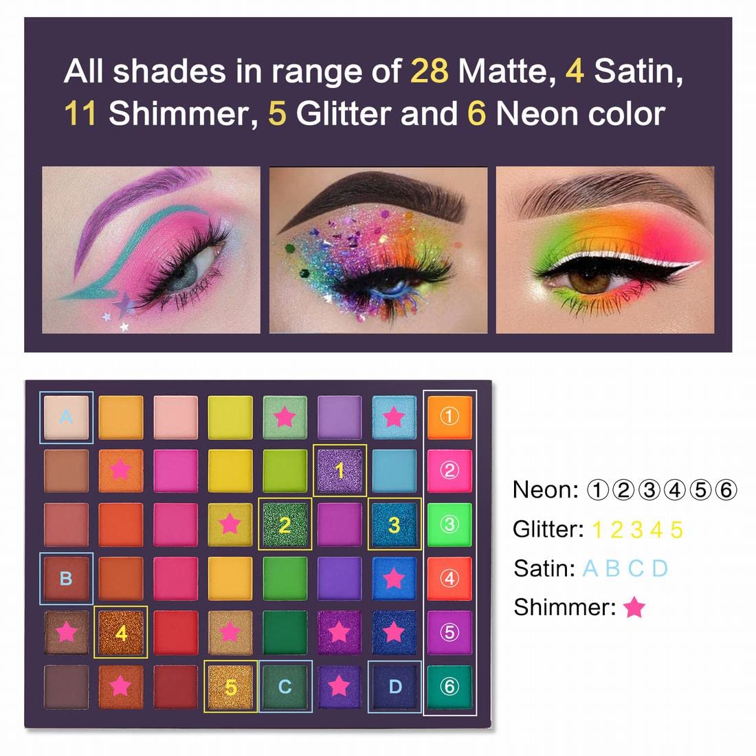 UCANBE EXOTIC FLAVORS Neon Eyeshadow Makeup Palette - 48 Colorful High Pigmented - Rainbow Matte Shimmer Glitter Eye Shadow Make Up Pallet Gift Set UCANBE