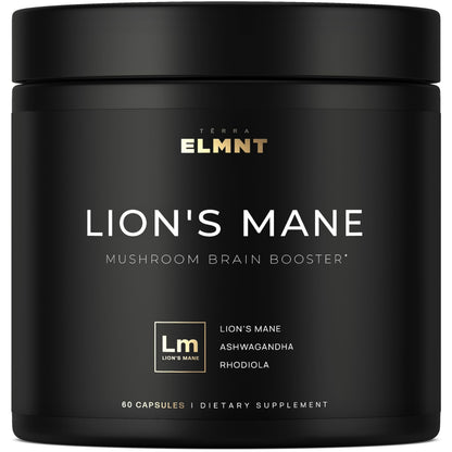 16x Strength Lions Mane Supplement Capsules Super Nootropic w. Ashwagandha & Rhodiola - Highest Potency 16:1 Lion's Mane Mushroom Extract 50% Polysaccharides TERRA ELMNT
