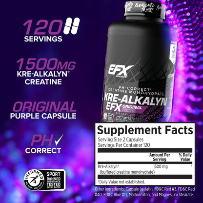 EFX Sports Kre-Alkalyn EFX | pH Correct Creatine Monohydrate Pill Supplement | Strength, Muscle Growth & Performance | 120 Servings, 240 Capsules EFX Sports