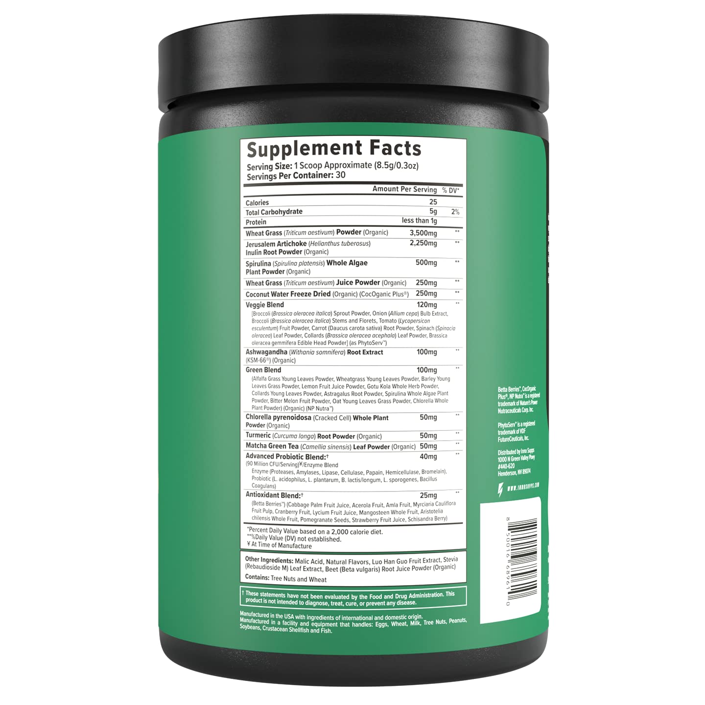 Inno Greens | 28+ Organic Greens & Superfoods | Advanced Prebiotics + Probiotics | Super Antioxidant + Hydration | Spirulina, Chlorella, Ashwagandha | Natural | 30 Servings (Strawberry Banana)