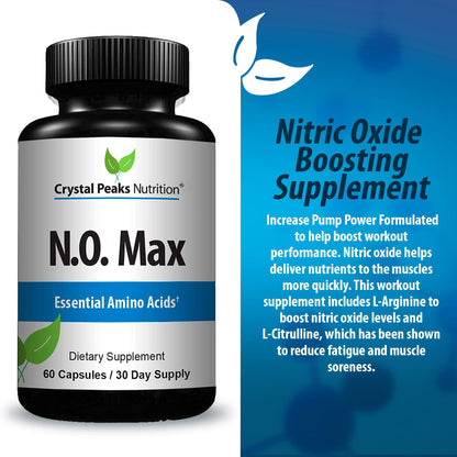 CRYSTAL PEAKS NUTRITION N.O. Max Nitric Oxide Supplement - L Arginine, Citrulline Malate, AAKG, Beta Alanine pre-Workout Performance Amino acids - 60 Capsules