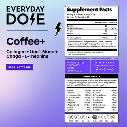Everyday Dose Premium Adaptogenic Mushroom Coffee with Grass-Fed Collagen, Chaga, Lions Mane & L-Theanine for Better Focus, Energy, Digestion, Skin, and Immunity 30 Servings Everyday Dose