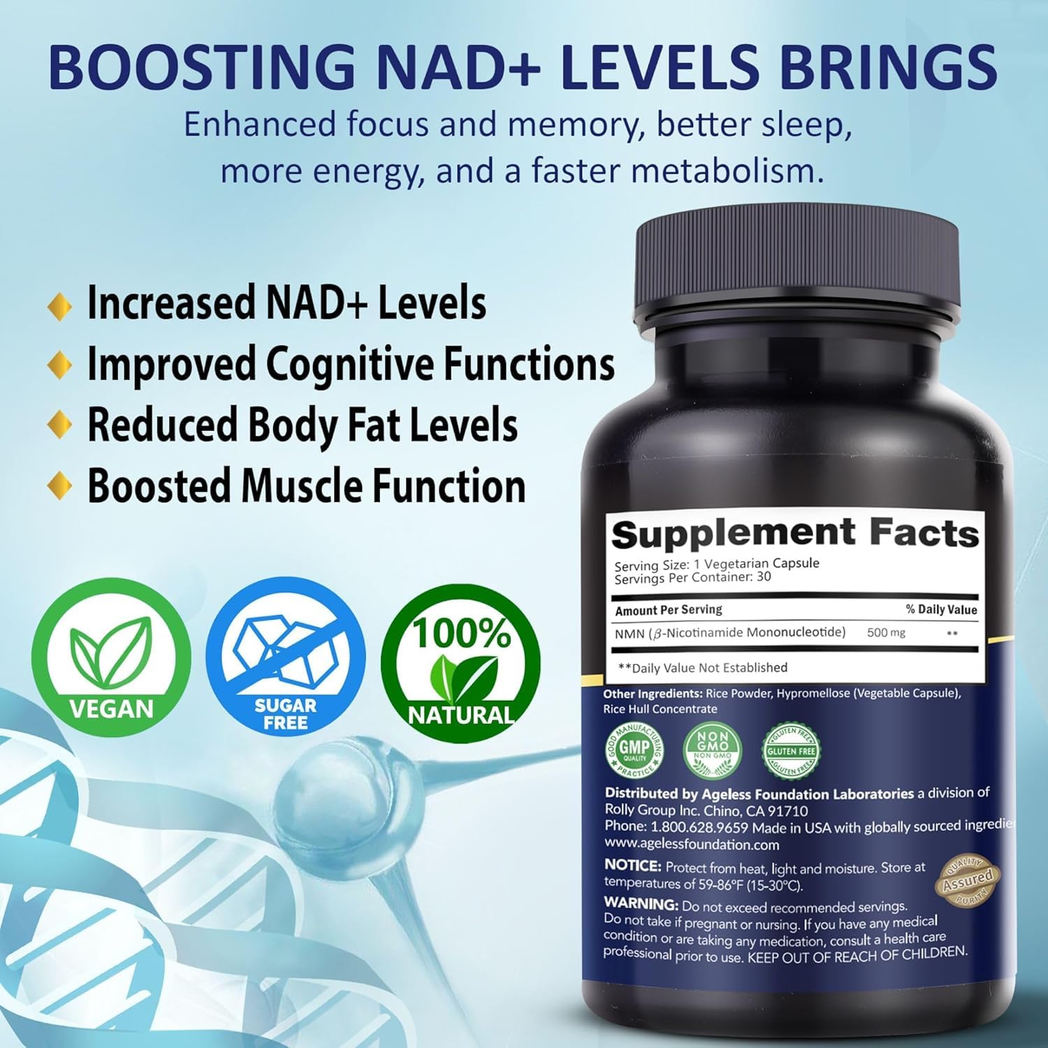 NMN Supplement 500mg Nicotinamide Mononucleotide | Supports NAD+ Levels, Energy, Cognitive Function, Muscle Health & Healthy Body Composition – Capsules (30) Ageless Foundation Laboratories buy australia supplements