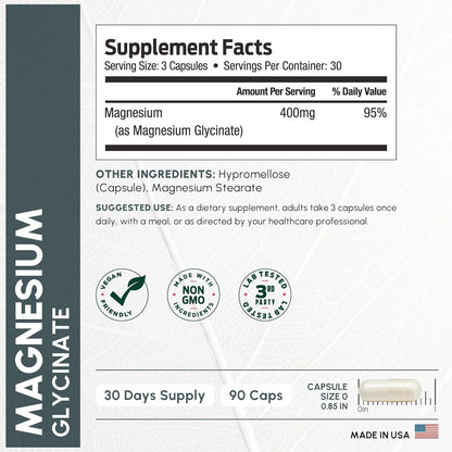 Pure Magnesium Glycinate 400mg Serving - High Absorption Magnesium Glycinate - Mag Bisglycinate for Stress, Bones, Muscles, Nerves, ForestLeaf