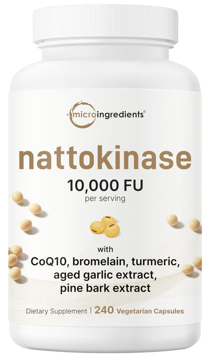 Micro Ingredients Nattokinase 10,000 FU Per Serving (Natural Natto Extract), 240 Vegetarian Capsules | with CoQ10, Turmeric, Aged Garlic & Pine Bark Extract Micro Ingredients