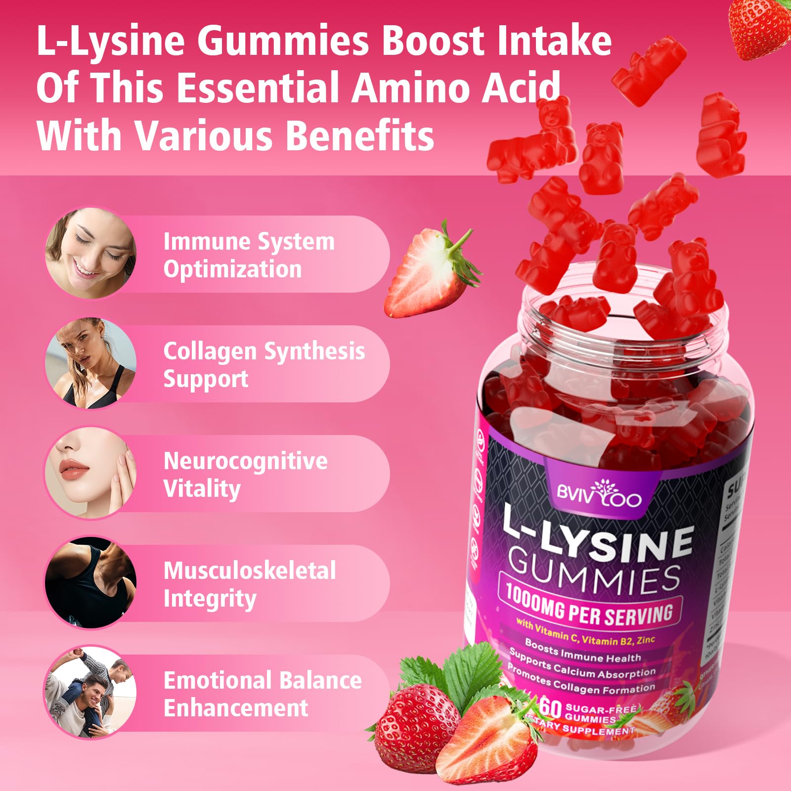 BVIVLOO L-Lysine 1000mg Gummies for Immune Support & Skin Health - High Potency Vegan Gummies, Sugar-Free, Natural Berry Flavor, Gluten-Free Chewable Supplement BVIVLOO buy australia supplements