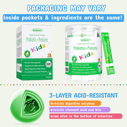ZEBORA Kids Probiotic & Prebiotics Powder Age 3+ Support Children's Digestive & Immune System with Natural Source, Promotes Constipation Relief, Non-GMO ZEBORA
