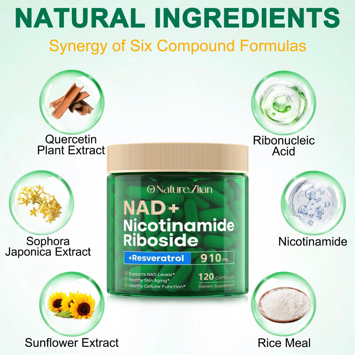 NAD Supplement - NAD+ Nicotinamide Riboside 910 Mg Supplement for Women & Men, Liposomal Nicotinamide Riboside with Resveratrol, for Focus, Boost - 120 Capsules (120 Count (Pack of 1)) O NATURE . ZIRAN